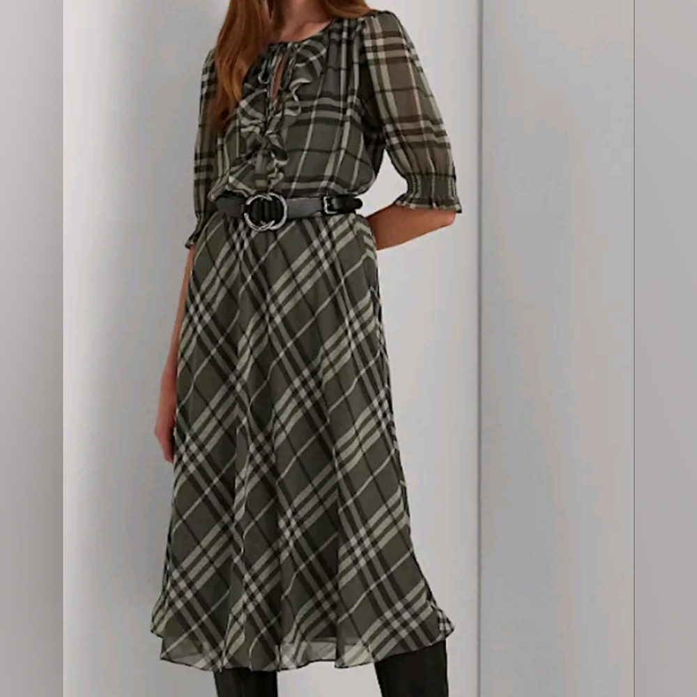 Lauren Ralph Lauren Women Plaid Crinkle Georgette Tie-Neck Dress Size 4 NWT